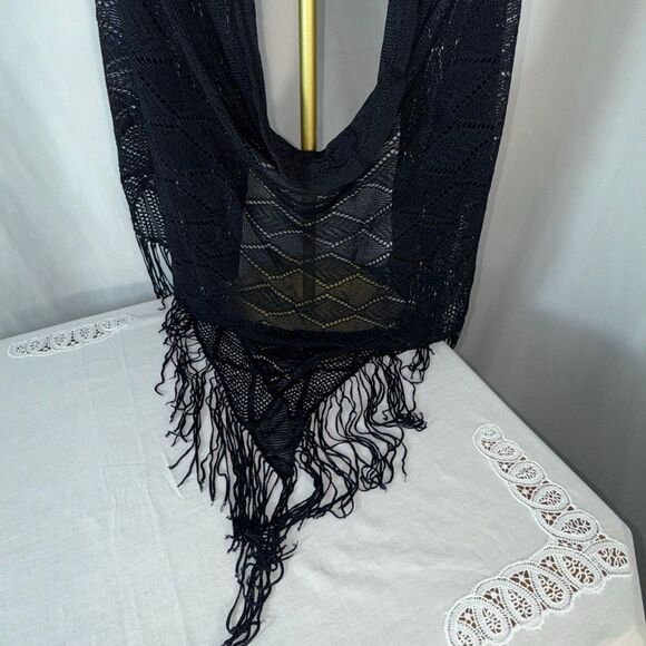 Black Fringe Knit Shawl Wrap | Boho Triangle Scarf | 82x35 + 7” Fringe - Picture 5 of 12